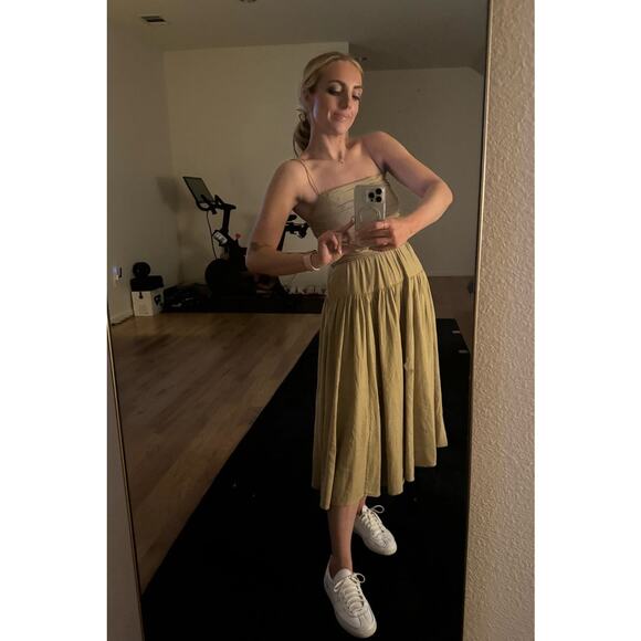 TOCCIN x RTR Brown Khaki Square Neck Ruched Bodice Tie Waist Midi Dress Size 8 - Picture 10 of 11